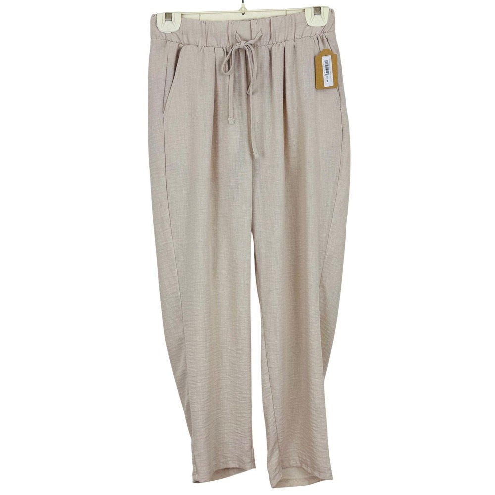 Zenana Beige Linen Look Tapered Pull-On‎ Pants Minimalist Neutral Boho Small NEW